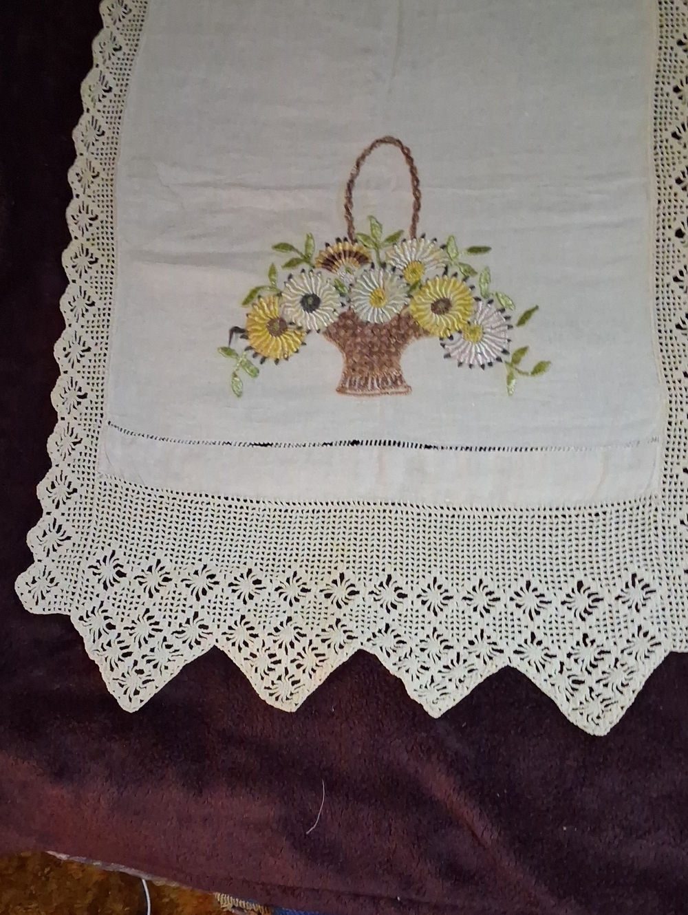 Embroidered Floral Basket Linen Runner with Crochet Edge
